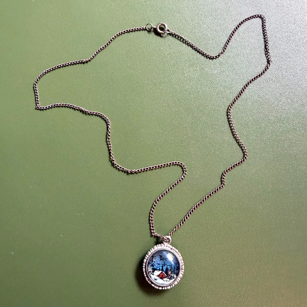 Vintage Hoffman Reversible Scenic Pendant Necklace Iridescent Glass Silver Tone